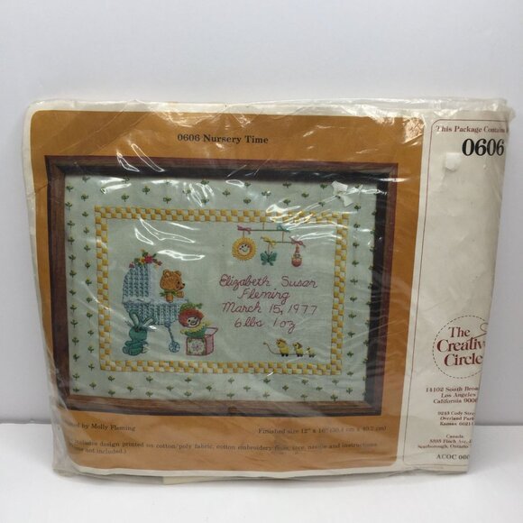 Vtg The Creative Circle 0606 Nursery Time Embroidery Kit 12"x16" Name Birth Date - Picture 1 of 6
